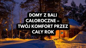 Dom z bali całoroczny w zimowej scenerii, oświetlony ciepłym światłem.