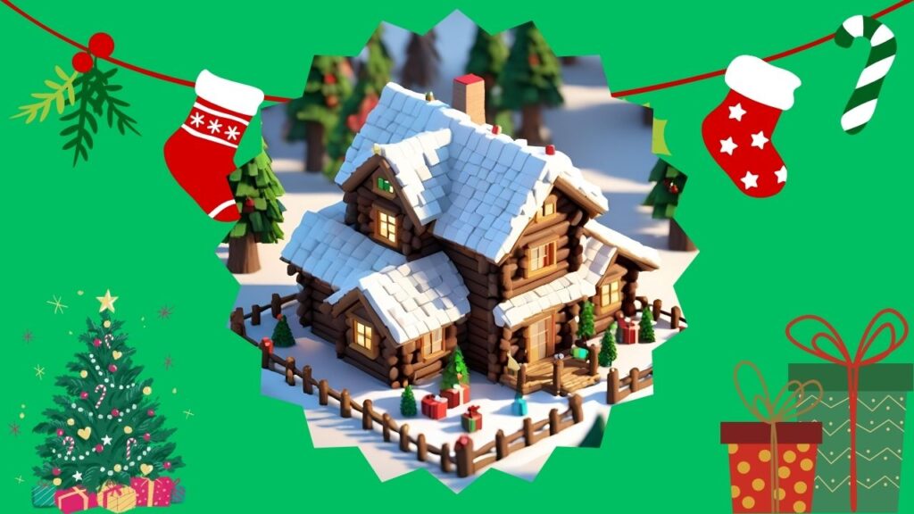 Ośnieżony domek z drewna w świątecznej scenerii, z ozdobami i prezentami.