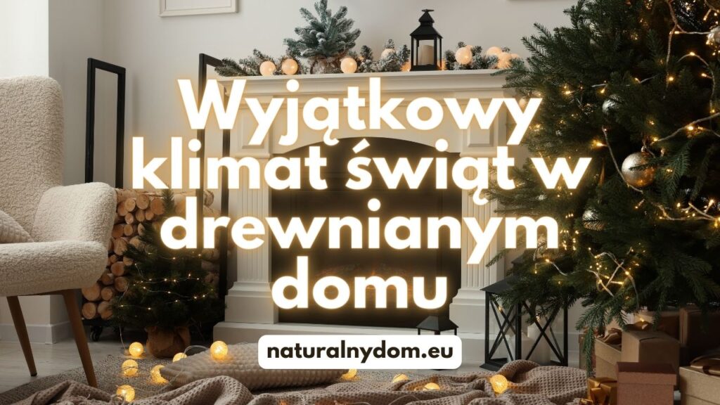 Kominek, choinka i świąteczne dekoracje w drewnianym domu.
