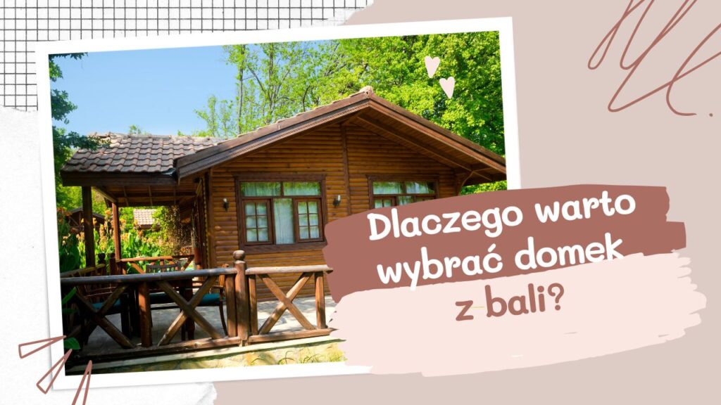 Drewniany domek z bali w ogrodzie, wśród zieleni