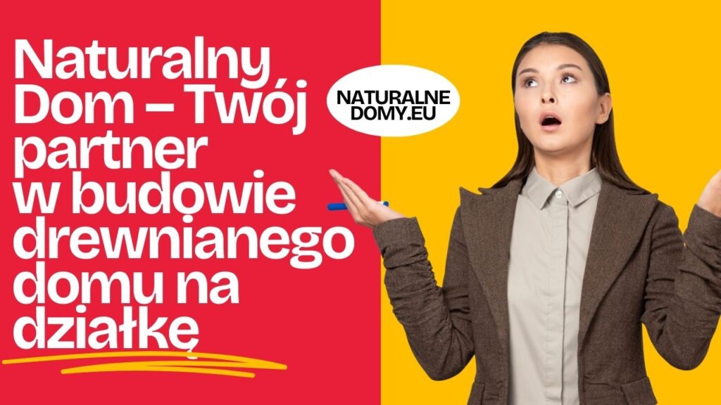 Kobieta na kolorowym tle promująca firmę budującą drewniane domy