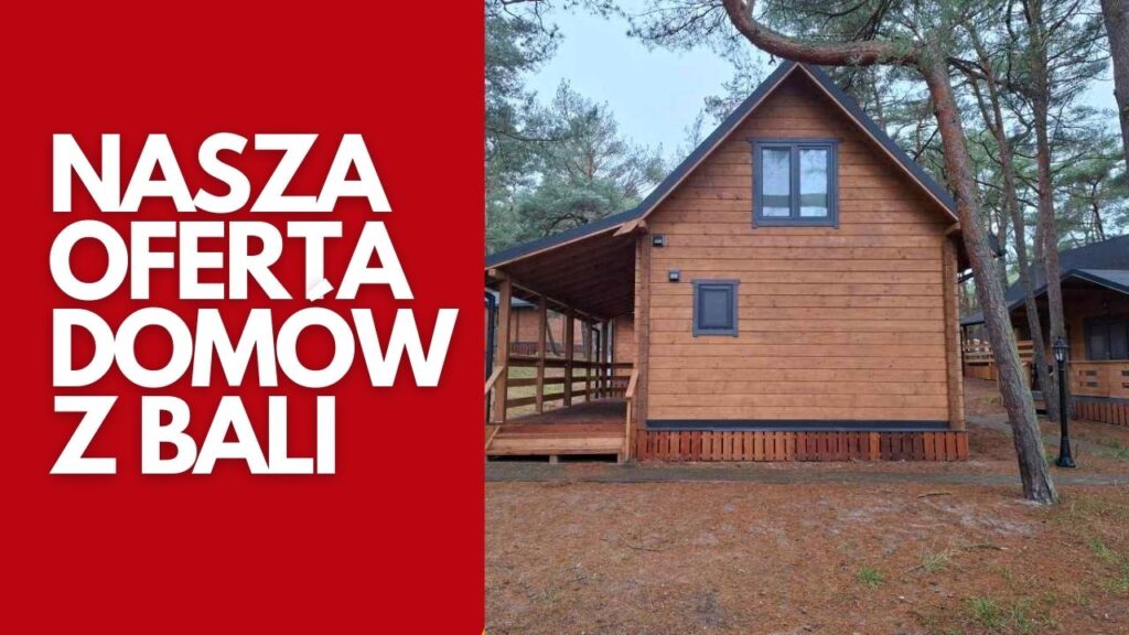 Drewniany domek z bali w otoczeniu sosnowego lasu.