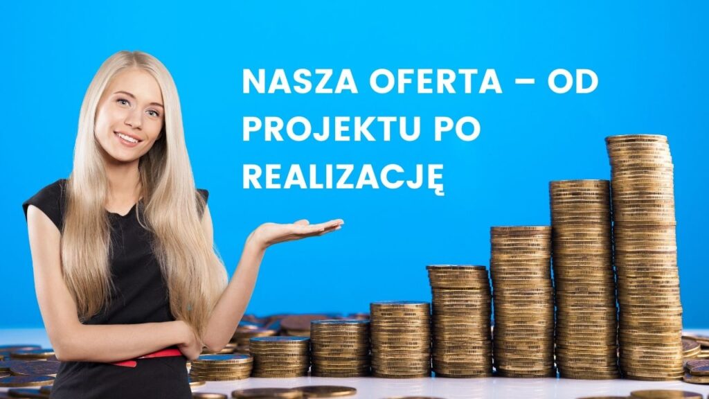 Kobieta pokazująca stosy monet i napisy o kompleksowej ofercie budowy